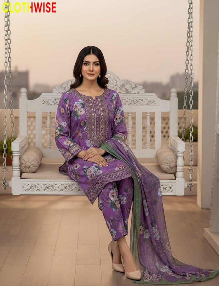 Woman in a purple embroidered outfit sitting on a white swing with 'CLOTHWISE' branding.