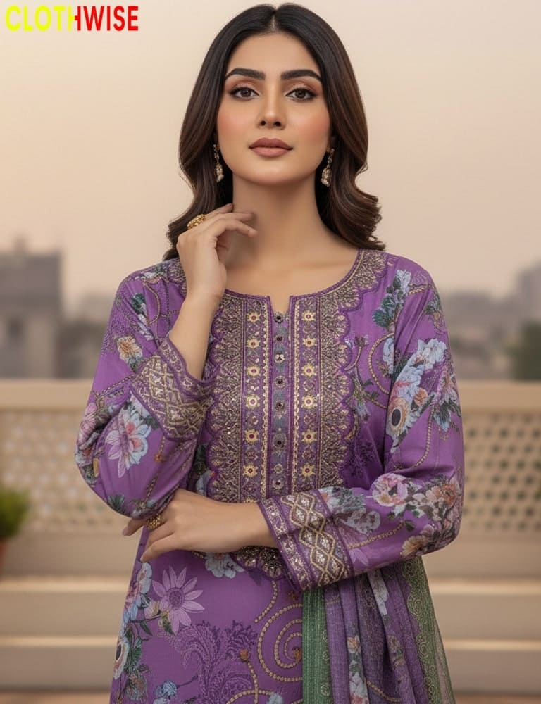 Woman wearing a purple embroidered outfit with a blurred background