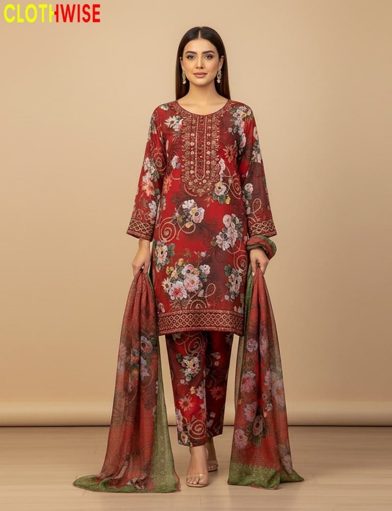 Woman wearing a red floral embroidered outfit with a matching dupatta on a beige background, branded 'Clothwise'.