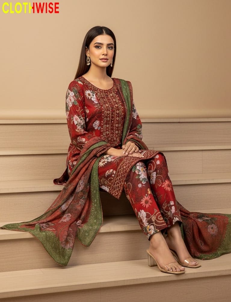 Woman in a red and green patterned outfit sitting on steps, with 'CLOTHWISE' branding.