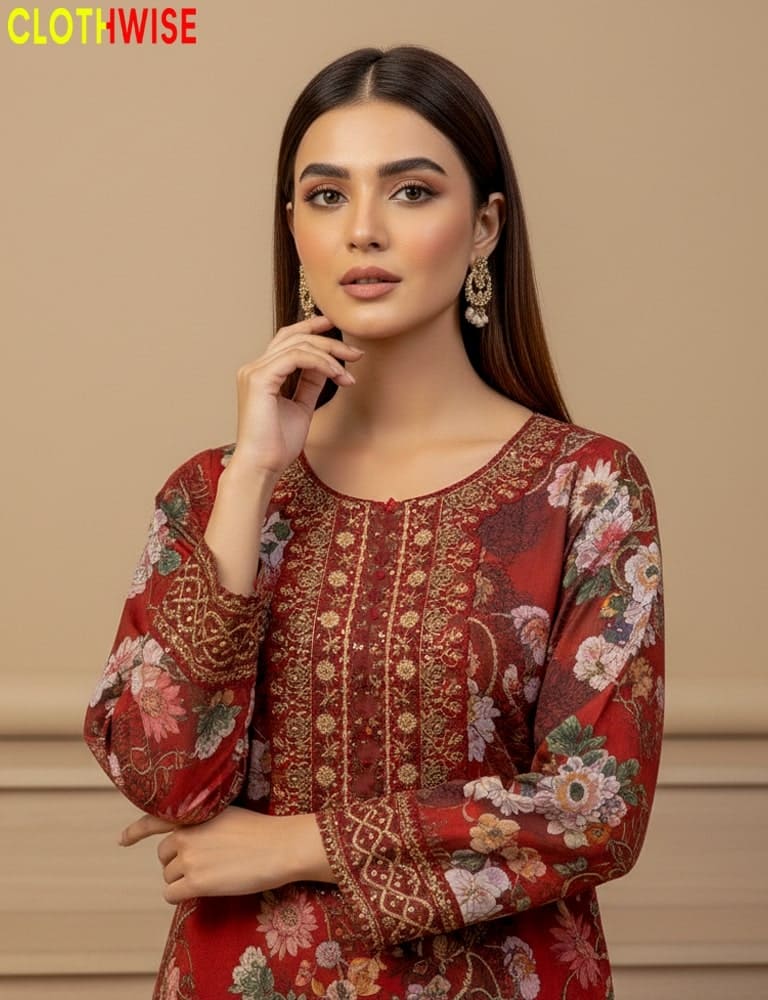 Woman wearing a red floral embroidered dress with 'CLOTHWISE' branding.