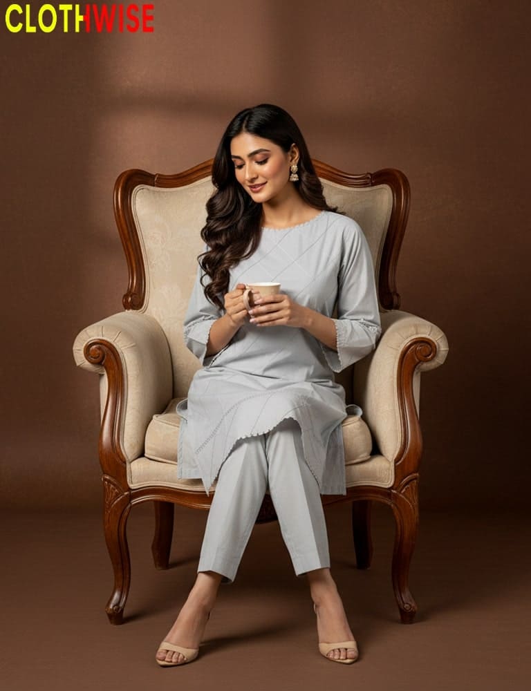 Woman in a light gray outfit sitting on an ornate chair holding a cup, with 'CLOTHWISE' branding.