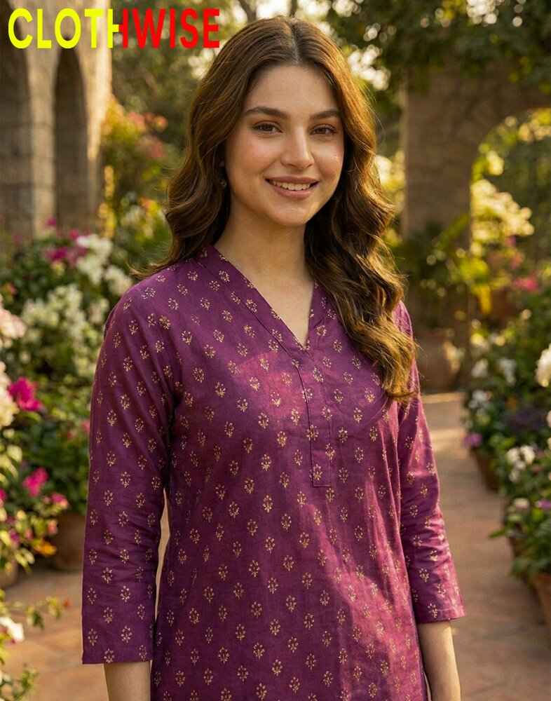 Woman wearing a purple patterned outfit with 'CLOTHWISE' branding in an outdoor setting.