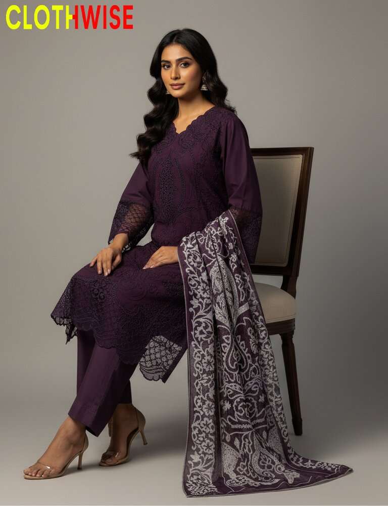Woman in a purple outfit with a patterned scarf, sitting on a chair against a gray background. Brand 'CLOTHWISE' visible.