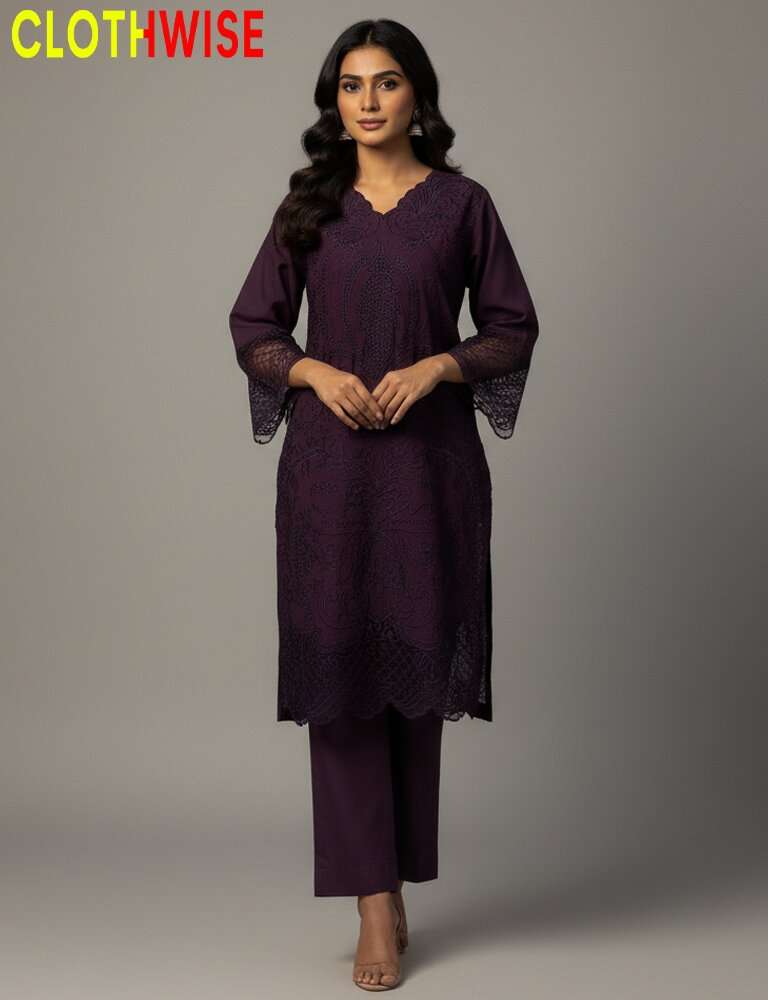 Woman wearing a dark purple outfit with lace details on a gray background, branded 'CLOTHWISE'.