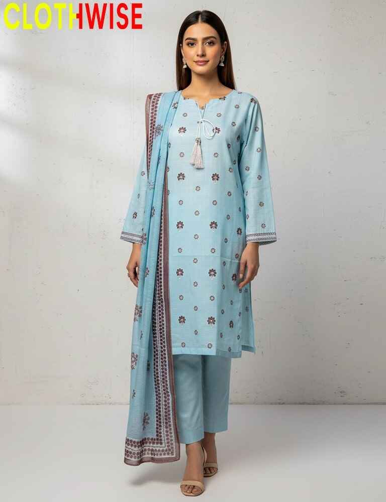 Woman wearing a light blue kurta with a matching dupatta on a white background, branded 'Clothwise'.
