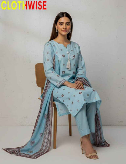 Woman wearing a light blue traditional outfit with a matching dupatta, sitting on a chair against a white background. Brand 'CLOTHWISE' visible.