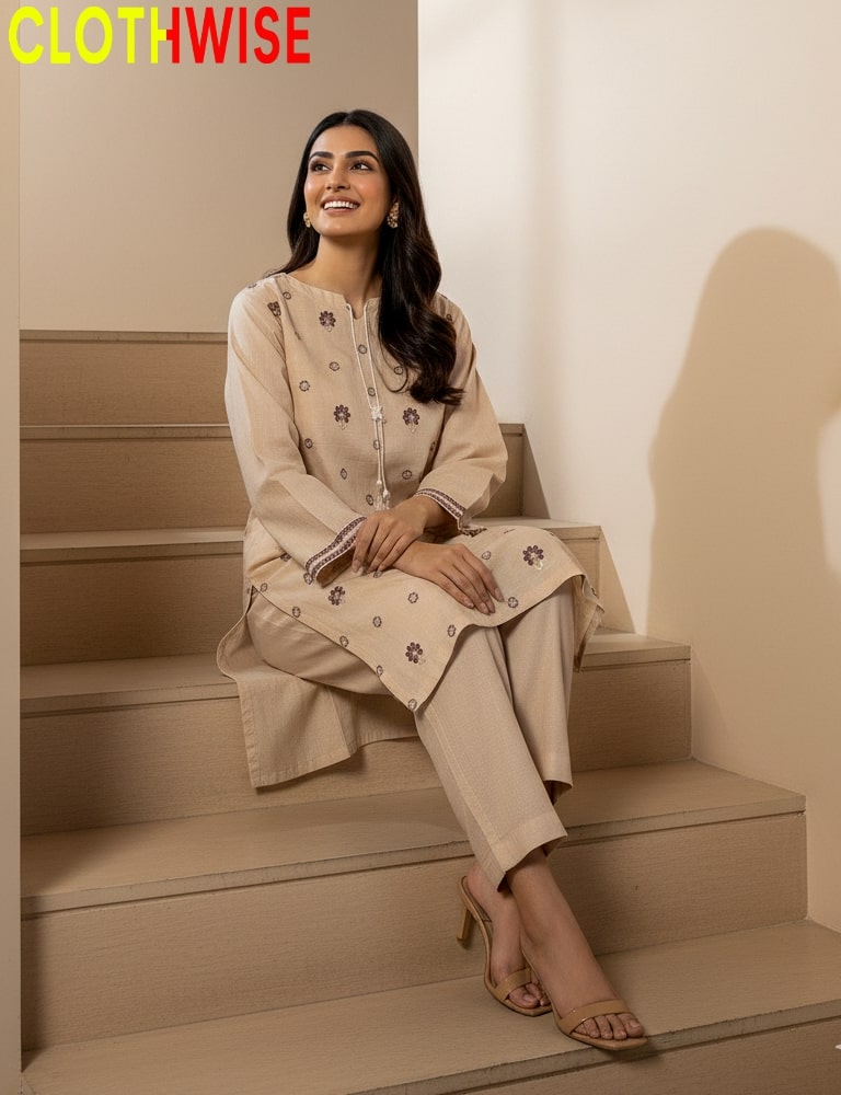 Woman in a beige outfit sitting on stairs with 'Clothwise' branding.