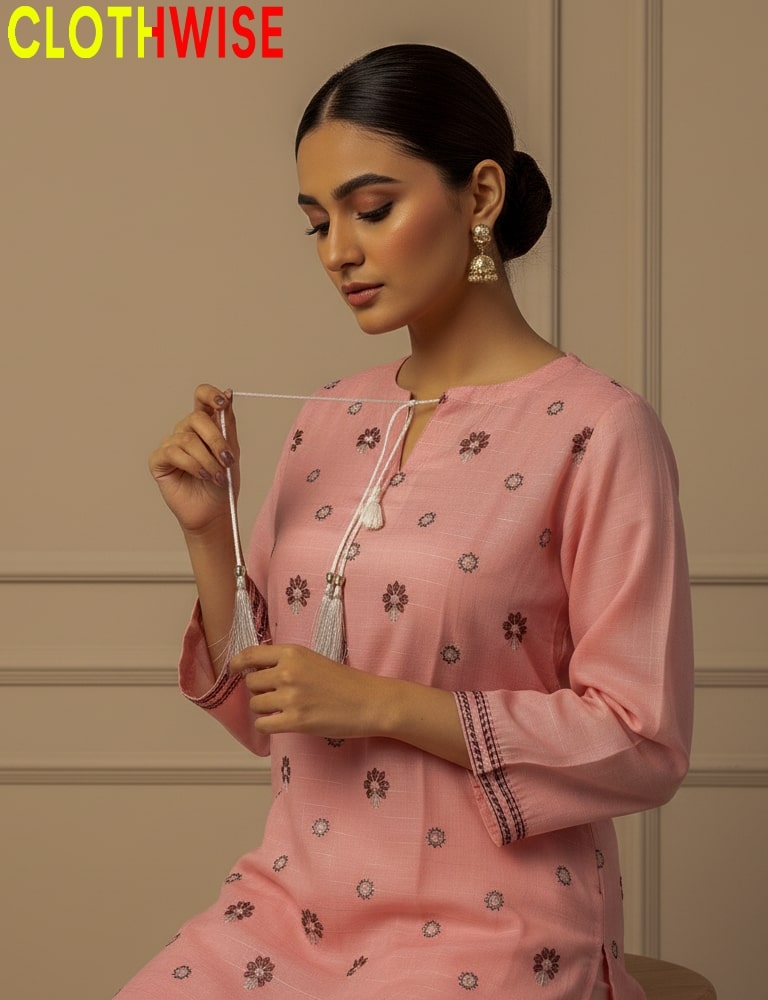 Woman wearing a pink embroidered outfit with 'CLOTHWISE' branding.