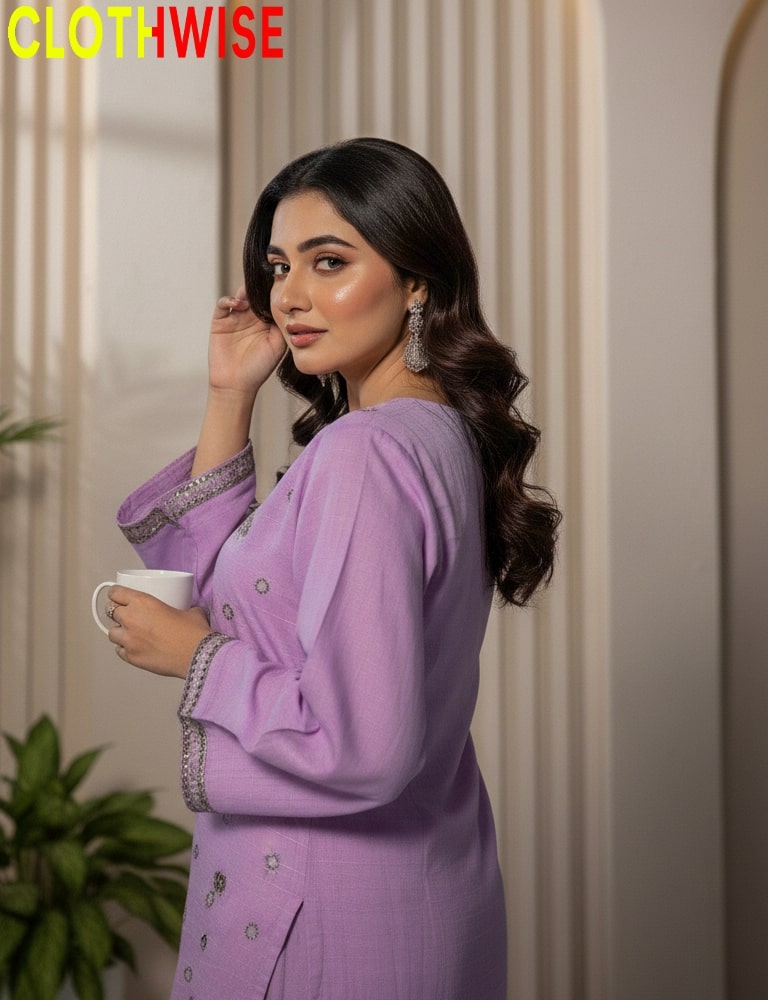 Woman in a purple outfit holding a cup, with 'CLOTHWISE' branding.