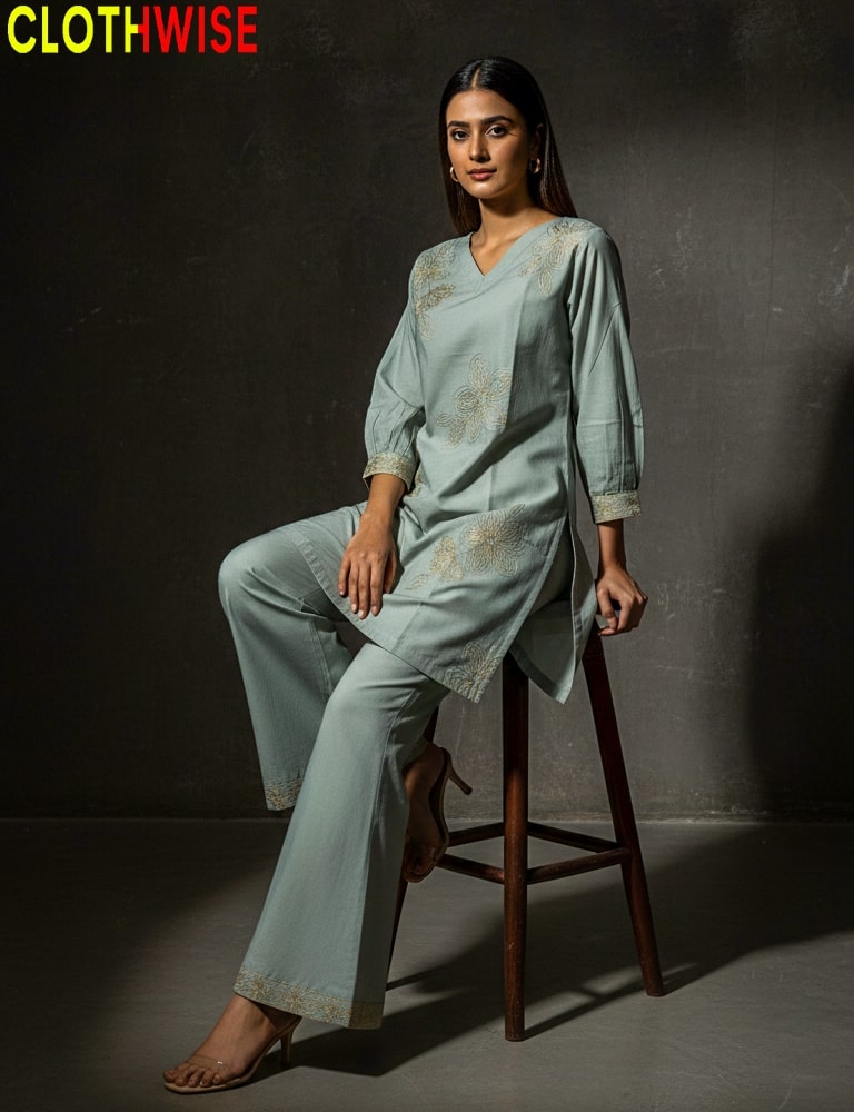 Woman in a light blue outfit sitting on a stool against a dark background with 'CLOTHWISE' branding.
