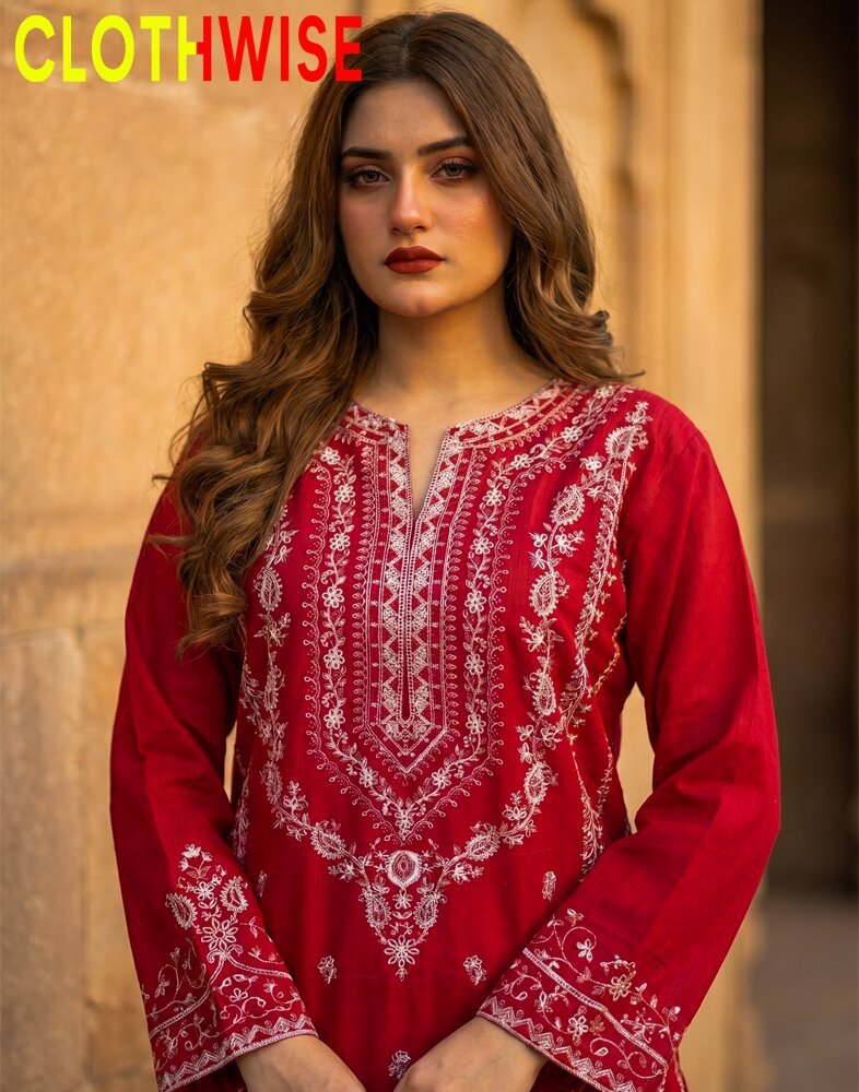 Ornate – Crimson Red Embroidered 3-Piece Lawn Suit with Chiffon Dupatta - Pakistani Women Pret | CLOTHWISE