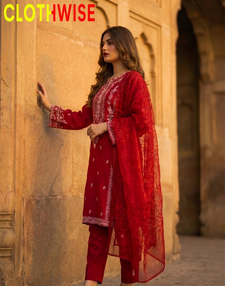 Ornate – Crimson Red Embroidered 3-Piece Lawn Suit with Chiffon Dupatta - Pakistani Women Pret | CLOTHWISE