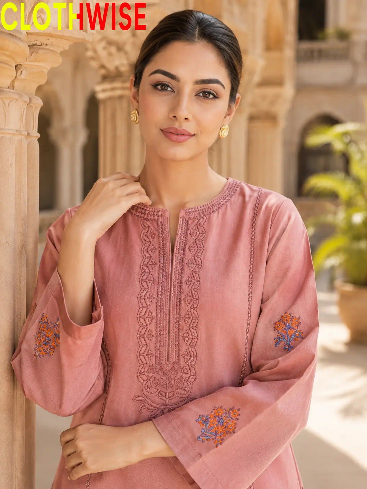 Anaya Rose Gold 2-piece embroidered cotton suit - close-up of neckline embroidery