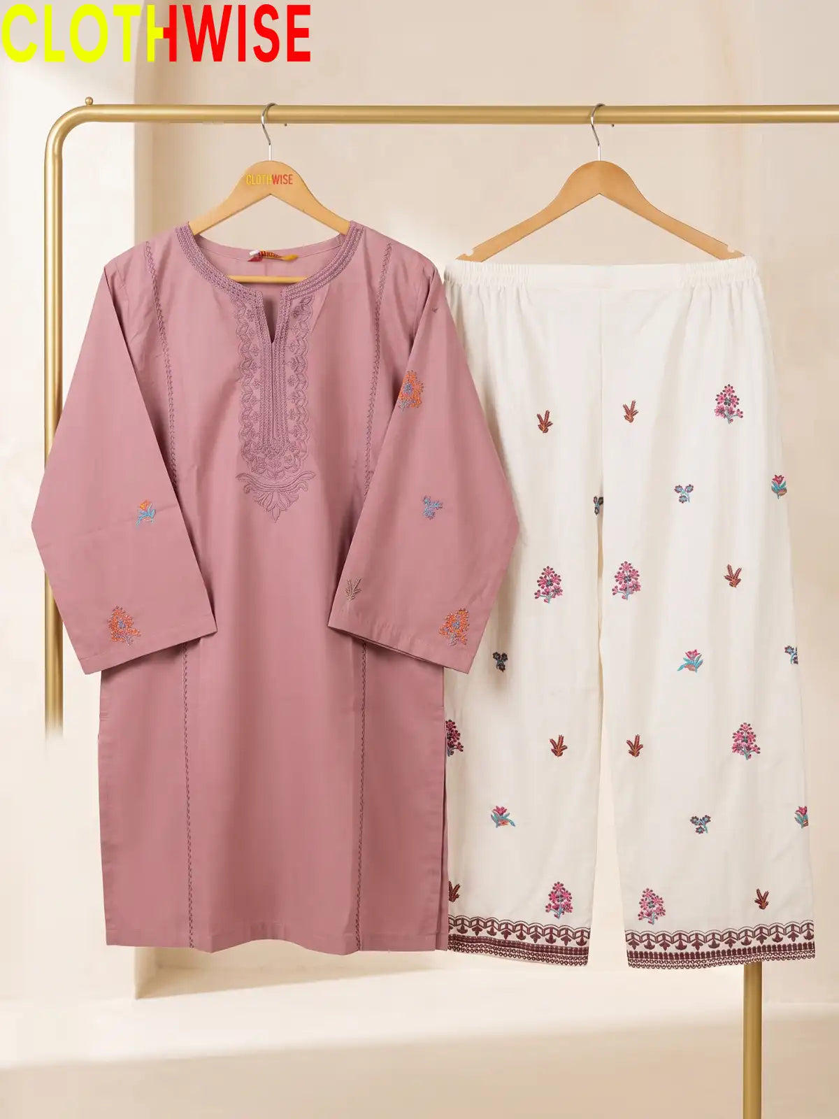 Anaya Rose Gold 2-piece embroidered cotton suit - on hanger