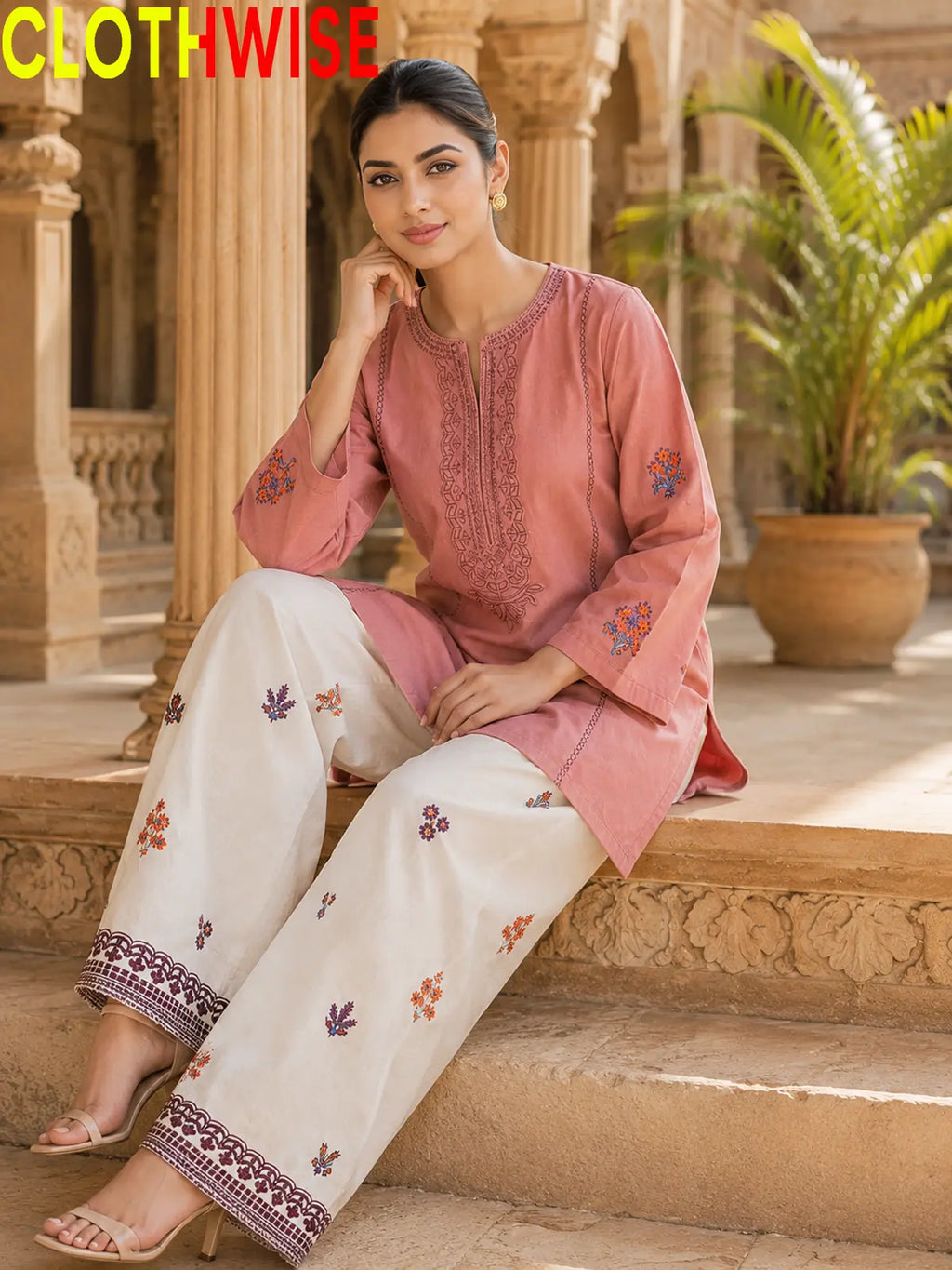Anaya Rose Gold 2-piece embroidered cotton suit - sitting view