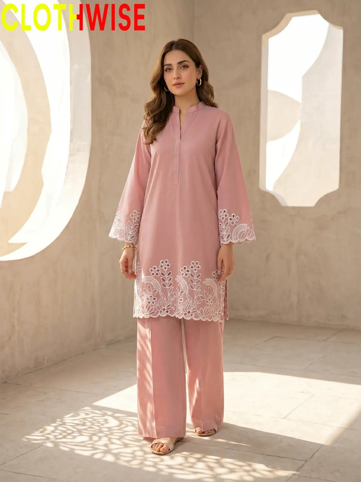 Flora Reign Rose Gold - 2 Pc Embroidered Cotton Co-ord Suit - Pakistani Women Pret | CLOTHWISE