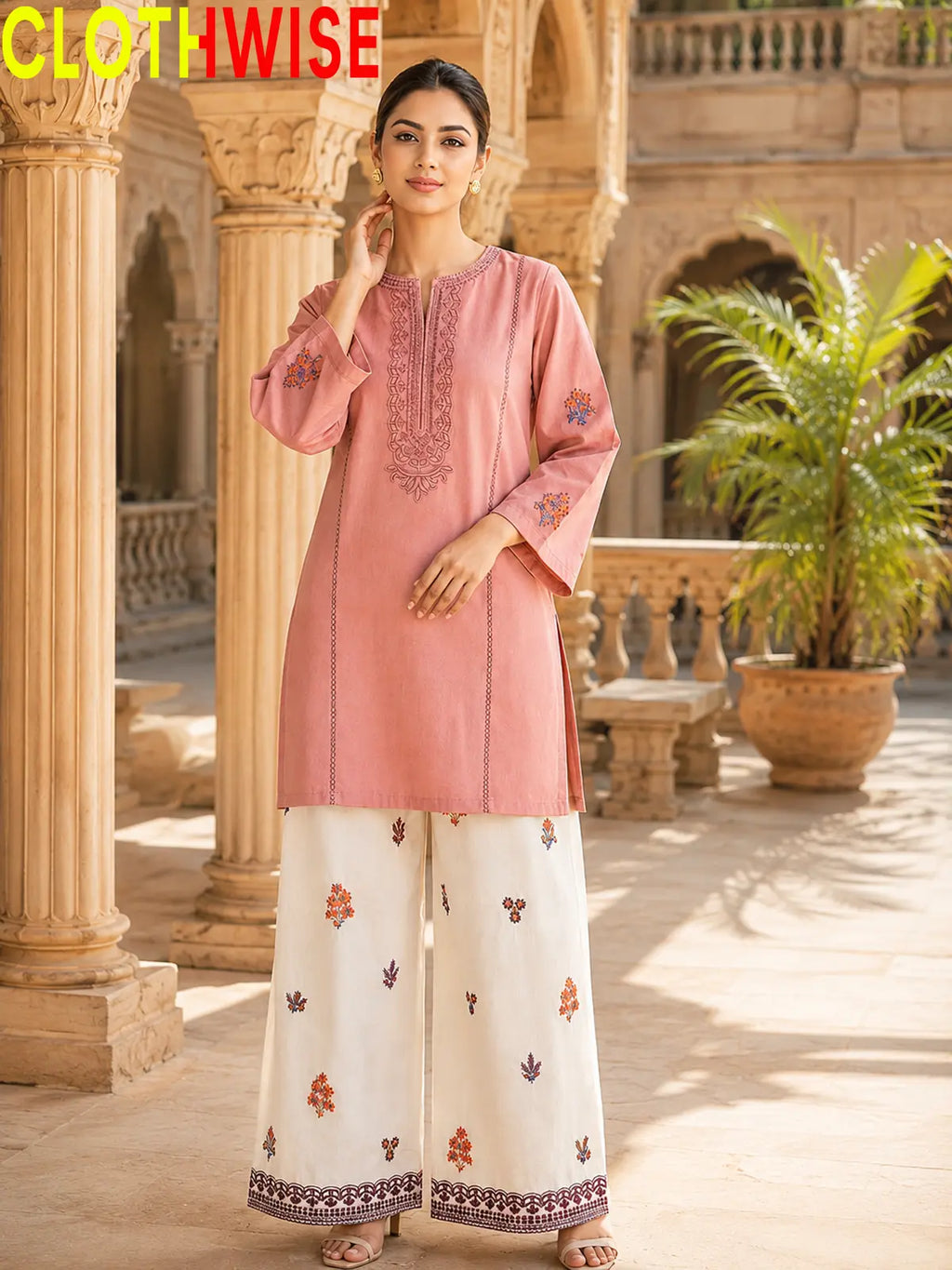 Anaya Rose Gold 2-piece embroidered cotton suit - standing view
