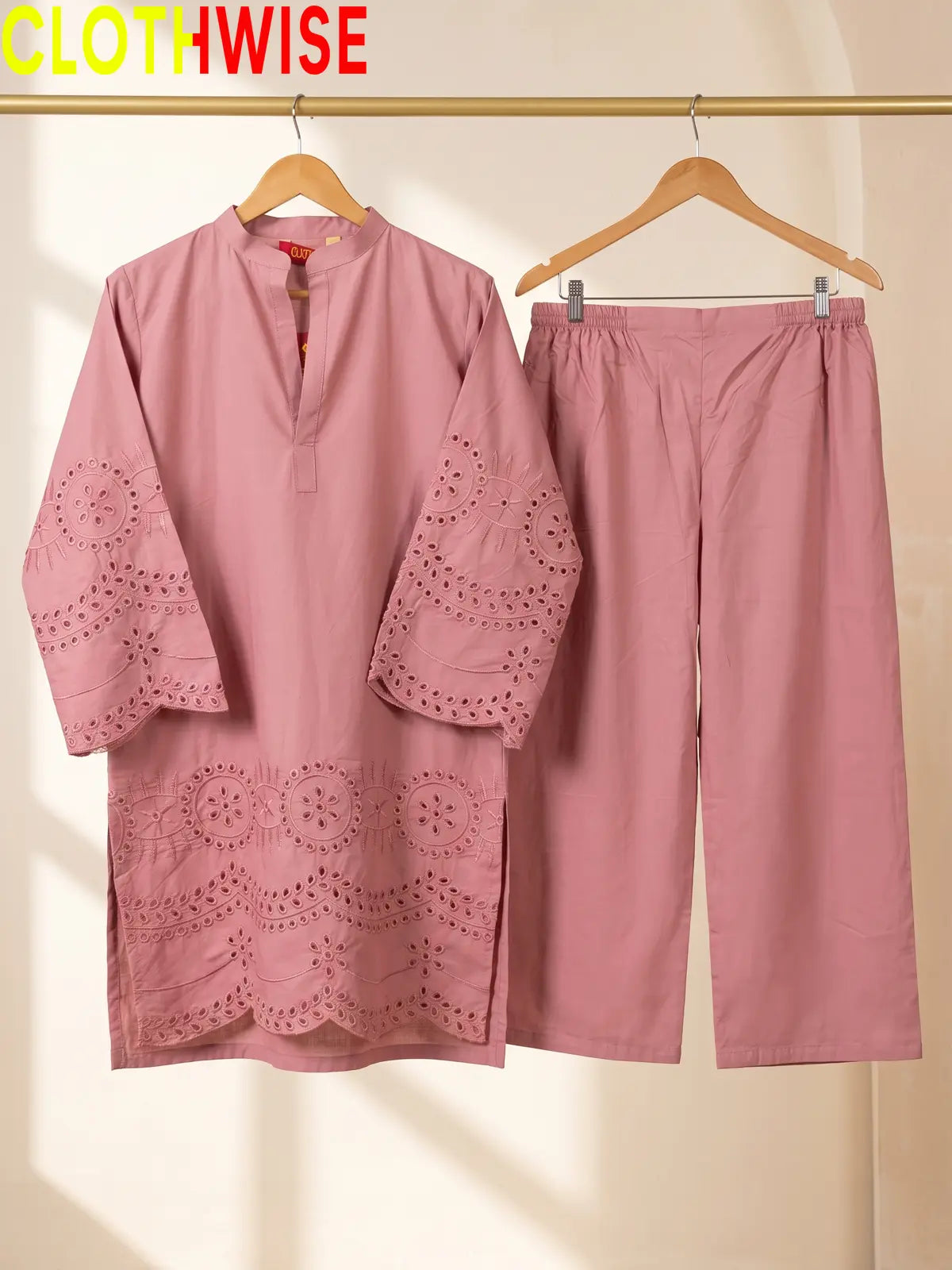 CottonCut Schiffli Embroidered Cotton 2-Piece Suit | Eyelet Kurta with Flapper