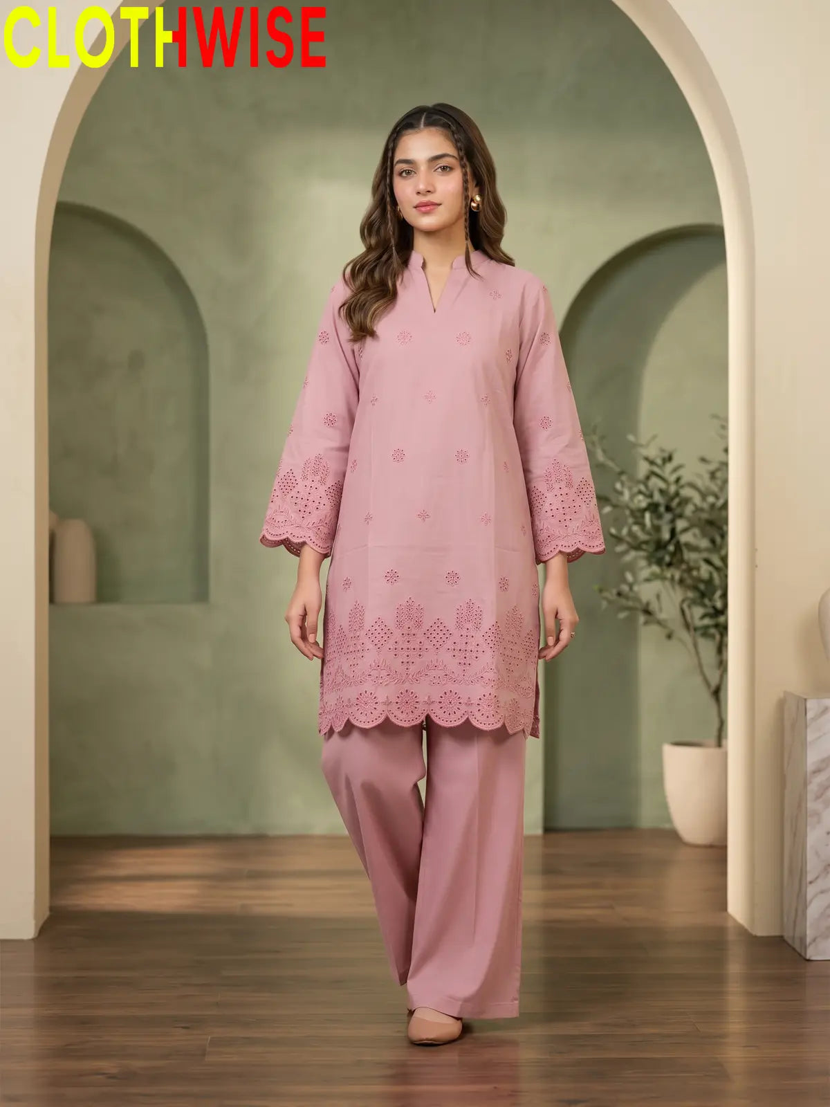 Hijr ChikanKari Eyelet Embroidered Scallop Hem 2 Piece Cotton Suit