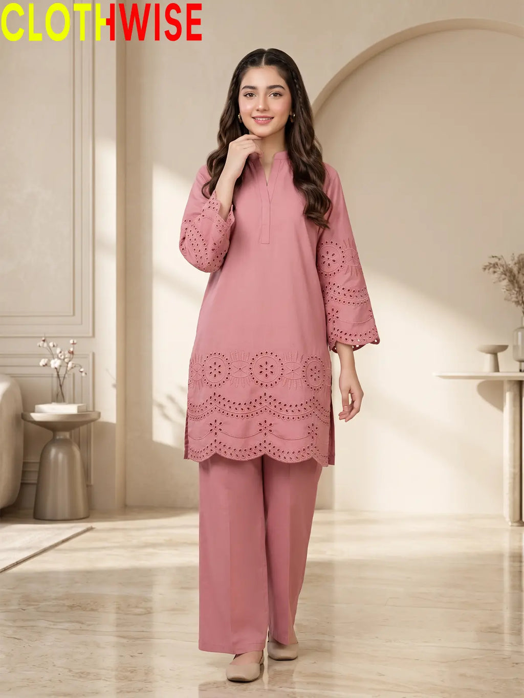 CottonCut Schiffli Embroidered Cotton 2-Piece Suit | Eyelet Kurta with Flapper