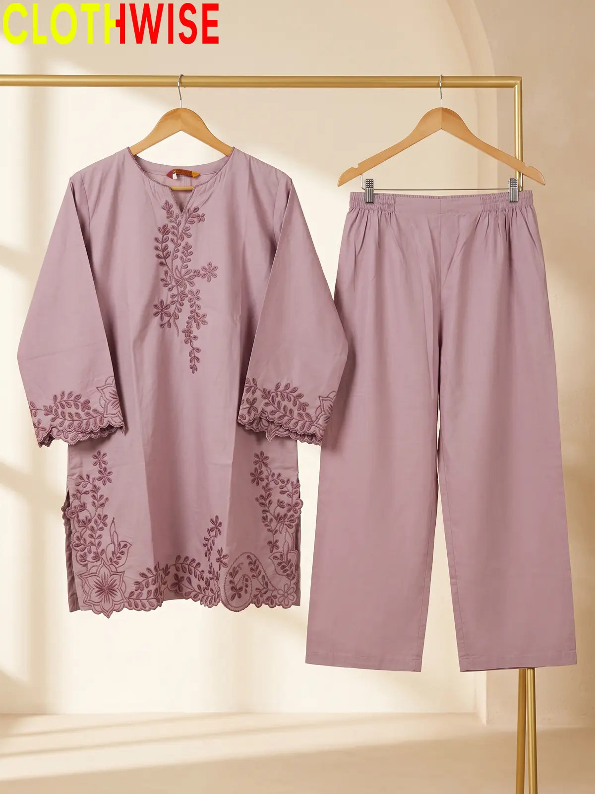 Embroidered Cotton Kurti with Wide Leg Flapper | Scalloped Hem Co-ord Set