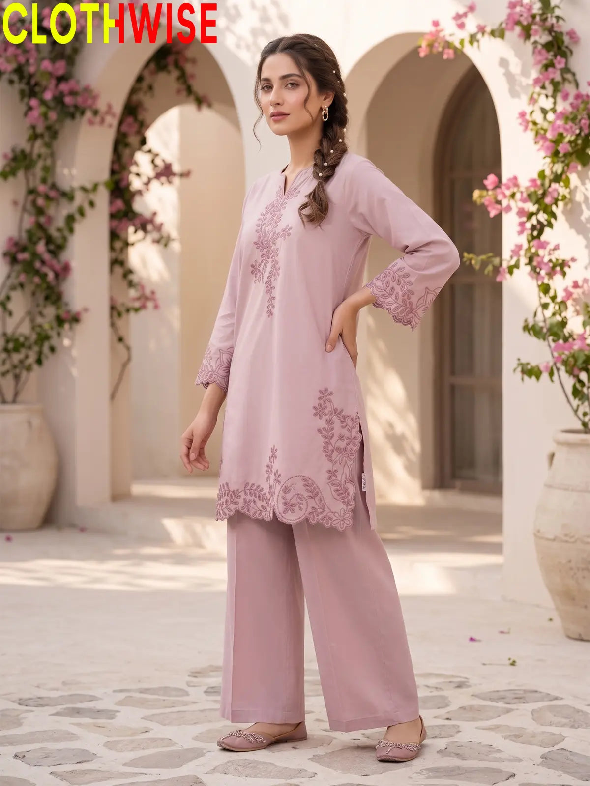 Embroidered Cotton Kurti with Wide Leg Flapper | Scalloped Hem Co-ord Set