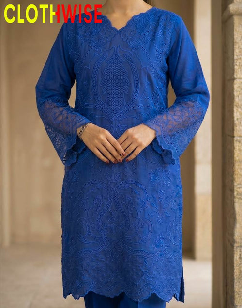 Blue lace dress with 'CLOTHWISE' branding on a neutral background