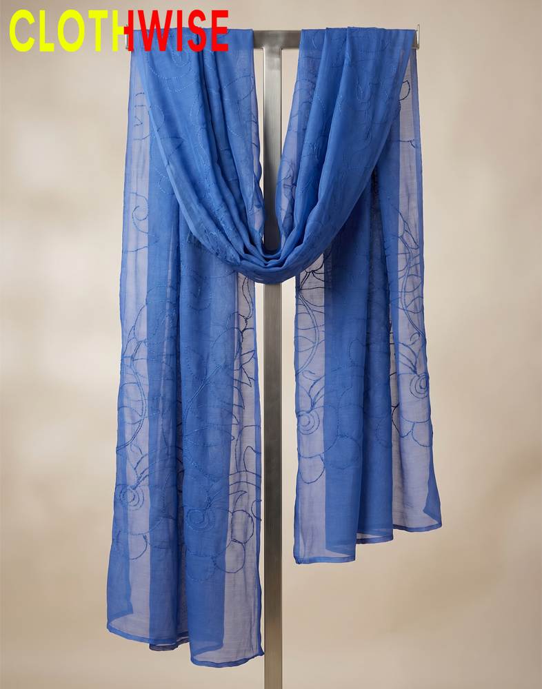 Blue scarf with floral patterns draped over a stand against a beige background, branded 'CLOTHWISE'.