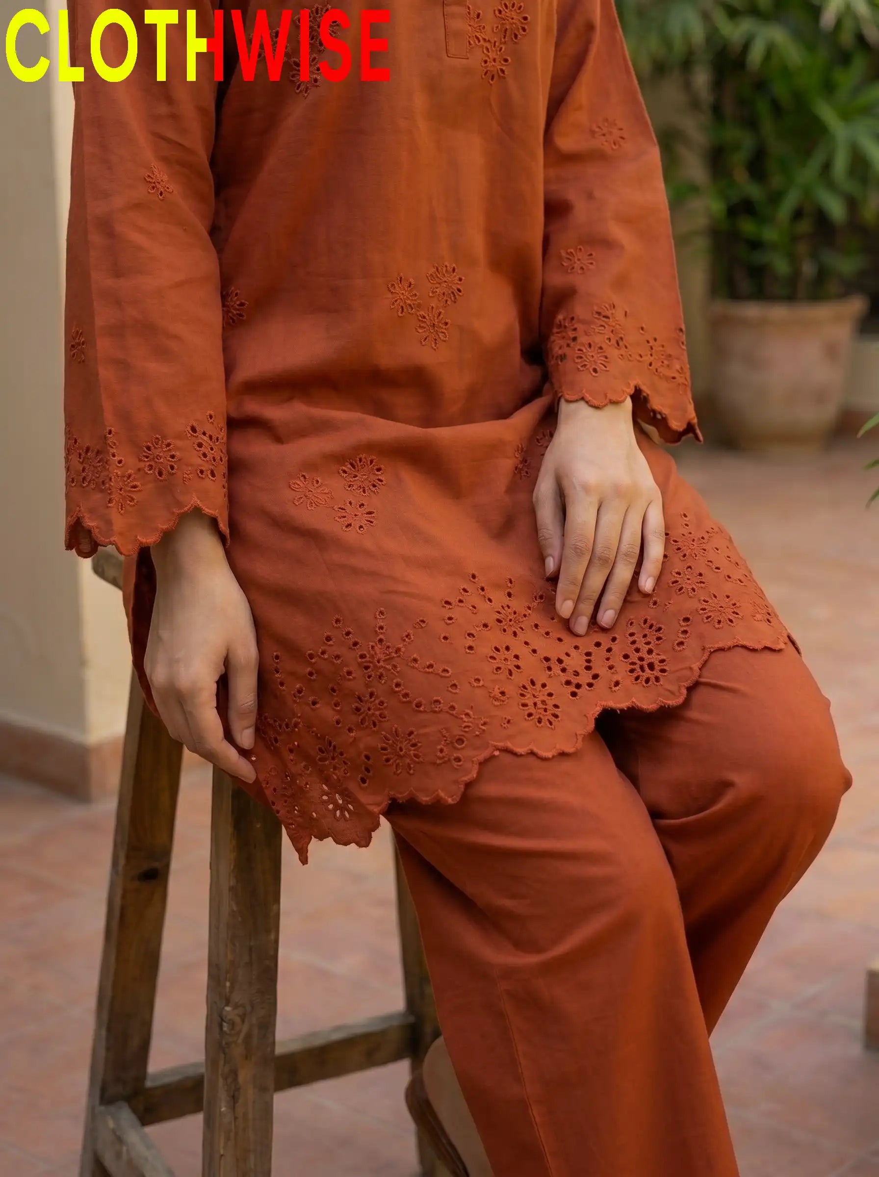 Zimal Rust Chikankari Embroidery Closeup – Cutwork Daman Detail | Clothwise