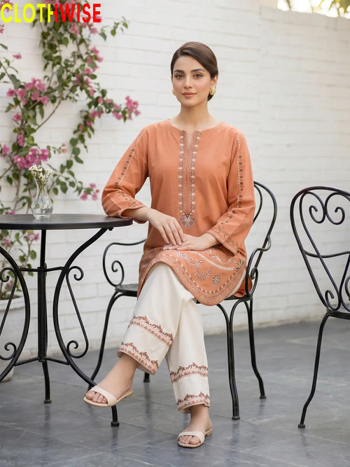Naqsh Rust embroidered 2-piece cotton suit - sitting view