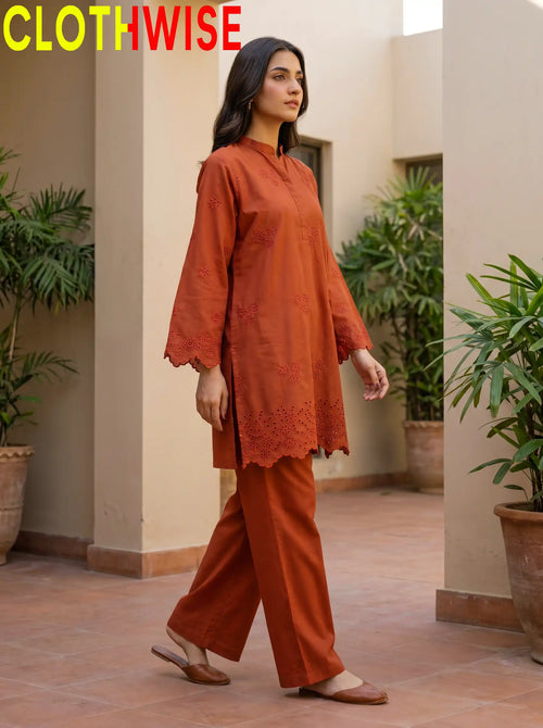 Zimal Rust Chikankari Suit – Standing Full View | Clothwise