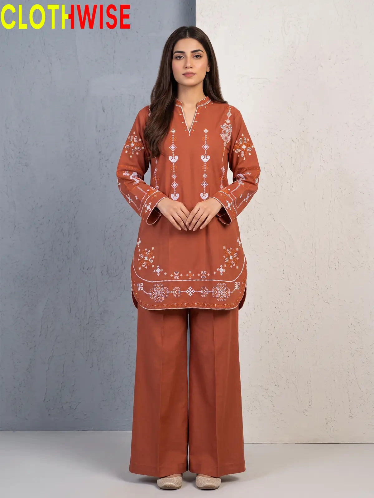 Taana Baana Rust 2-Pc Embroidered Cotton Suit – Standing View