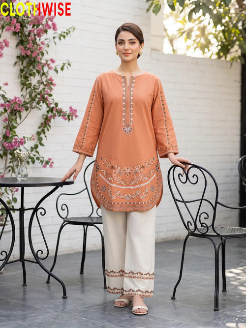Naqsh Rust embroidered 2-piece cotton suit - standing view