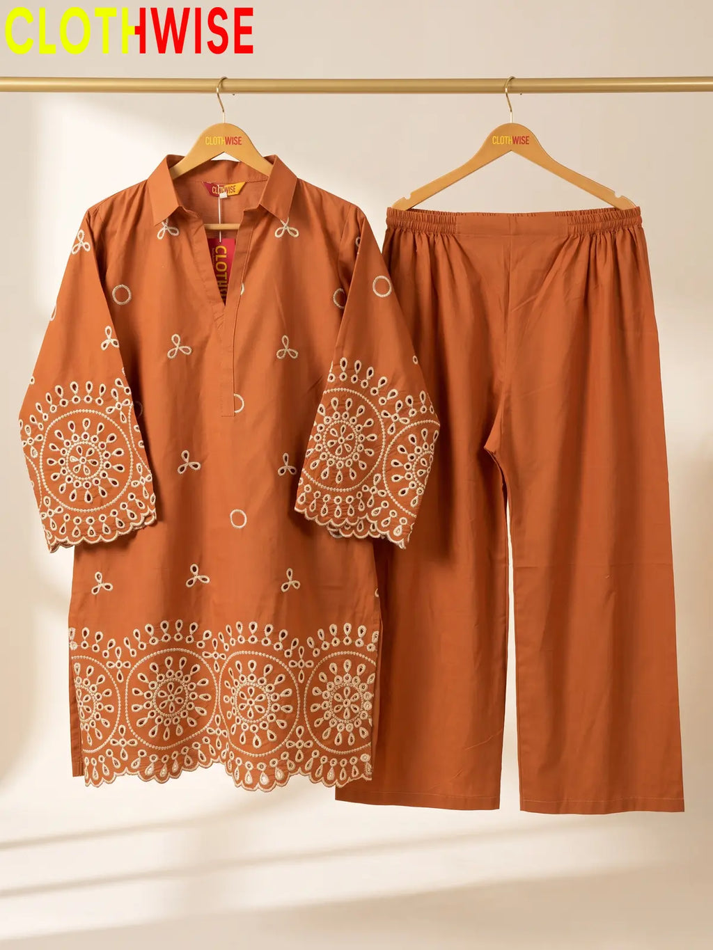 Deluxe – 2 Piece Embroidered Co-ord Set for Women | Collared Kurti with Scalloped Cutwork & Flapper
