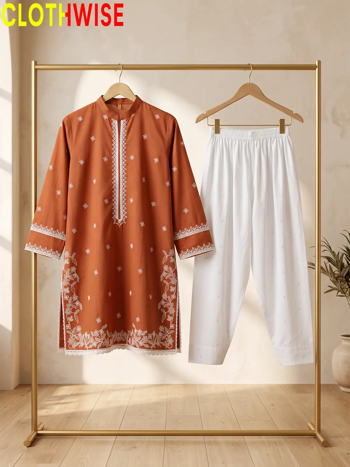 Lazawal – 2 Pcs Cotton Sequin Embroidered Kurti with White Farshi Shalwar
