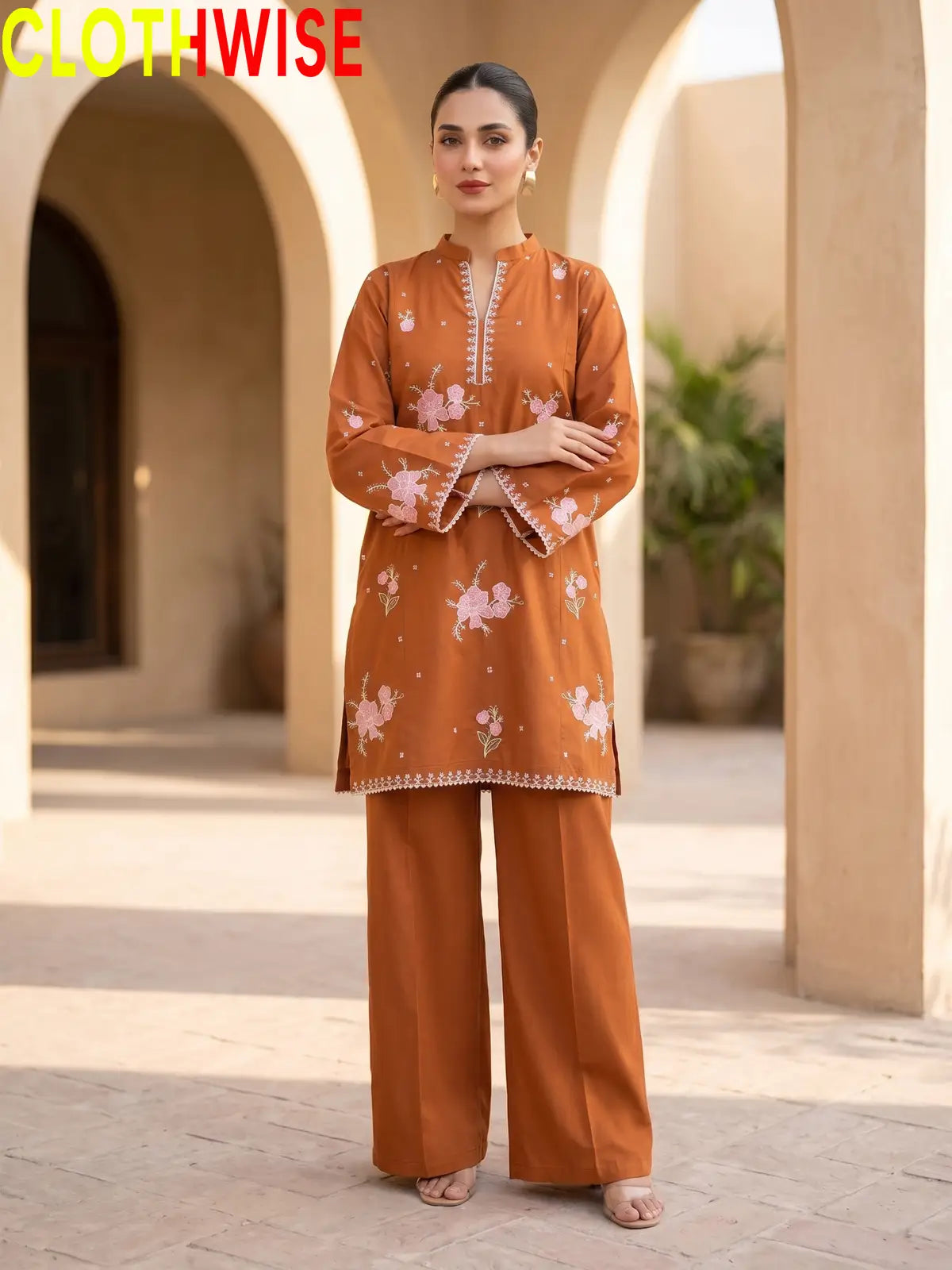 Rust 2-piece embroidered co-ord set with straight shirt and matching wide-leg trousers by CLOTHWISE
