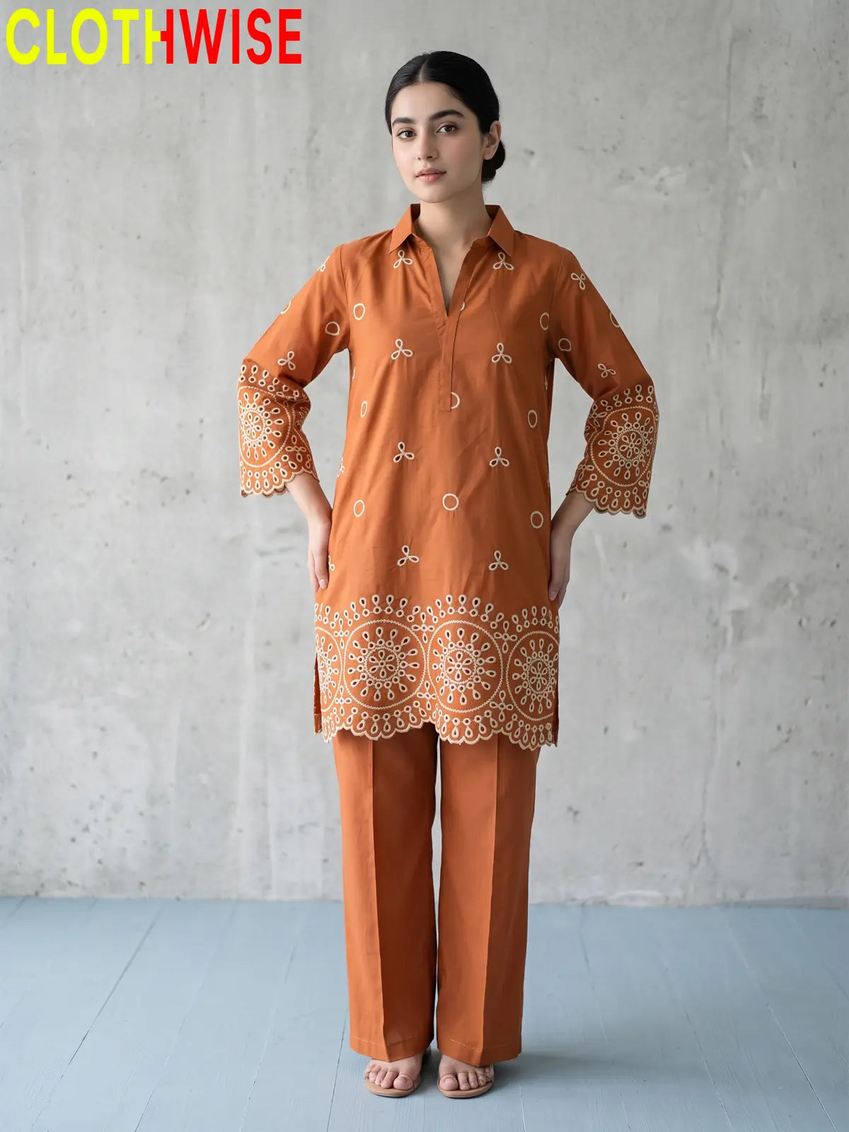 Deluxe – 2 Piece Embroidered Co-ord Set for Women | Collared Kurti with Scalloped Cutwork & Flapper
