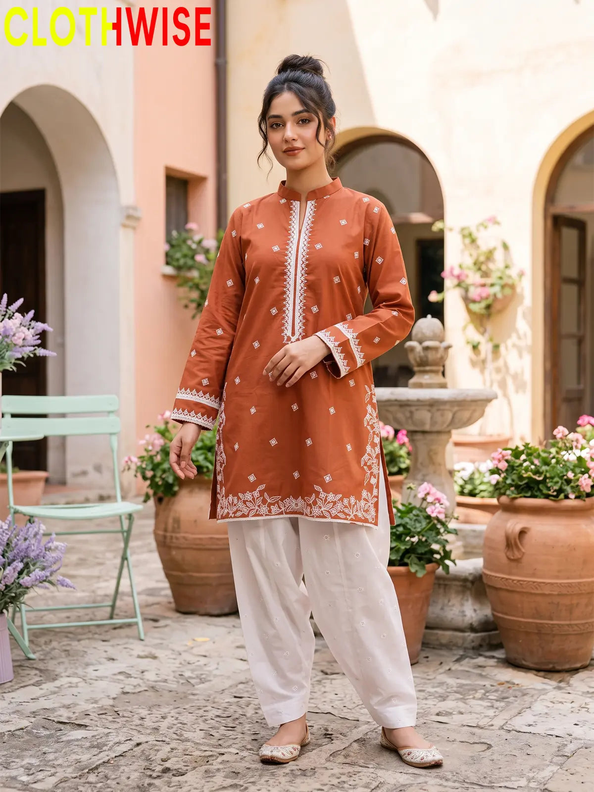 Lazawal – 2 Pcs Cotton Sequin Embroidered Kurti with White Farshi Shalwar