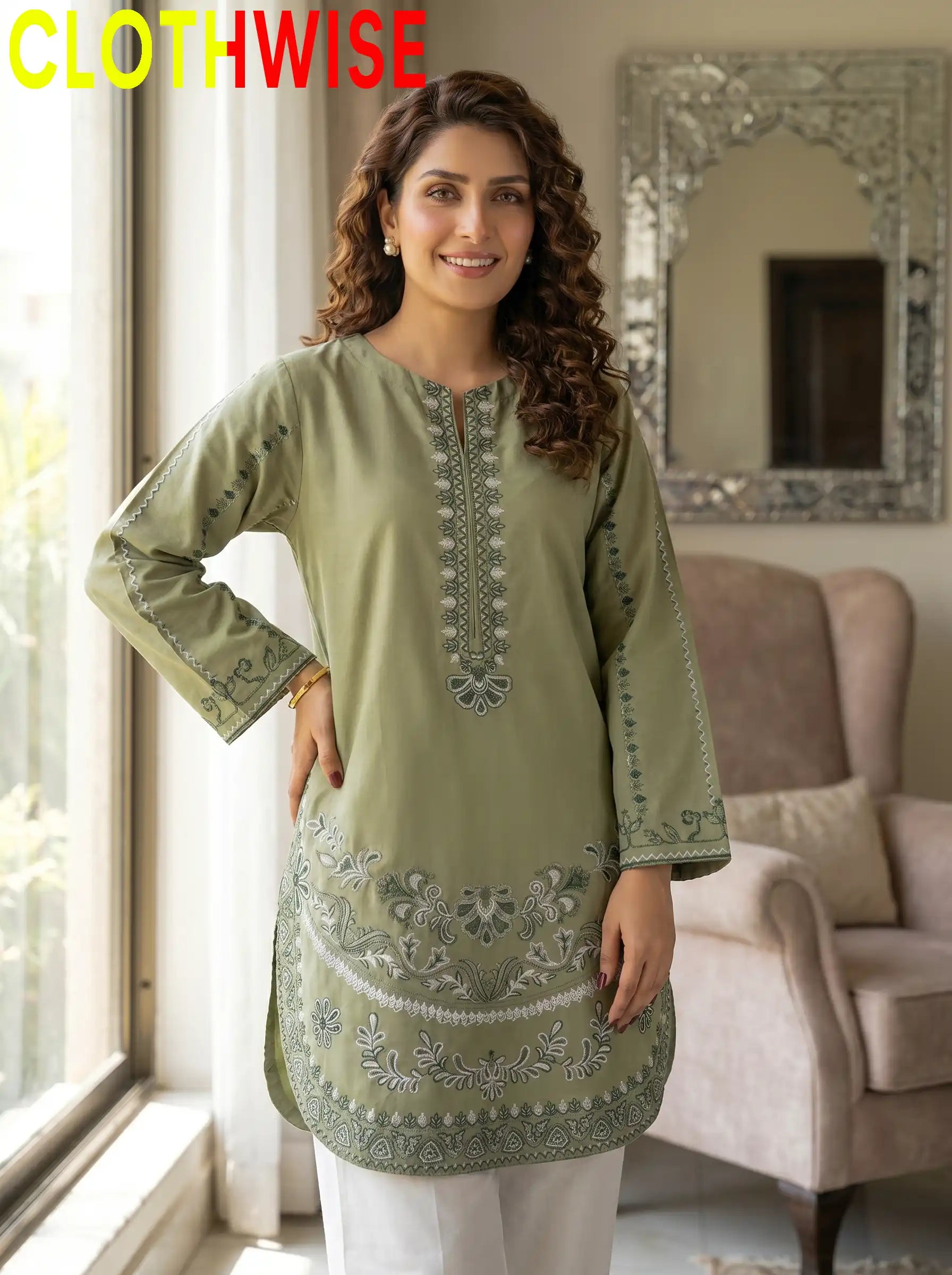 Naqsh Sage Cotton Suit Closeup Embroidery Detail - Clothwise
