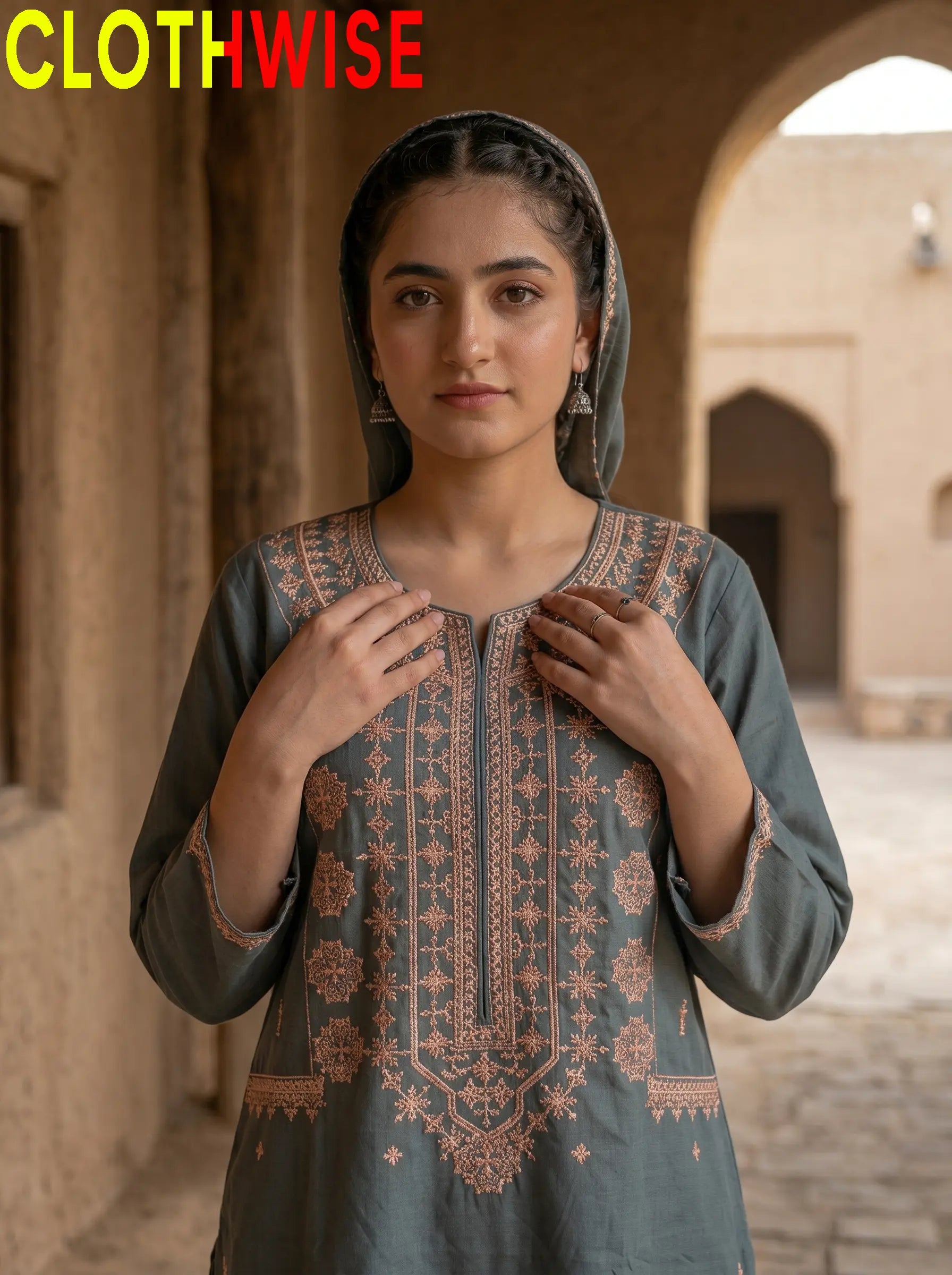 Dasht Sage Green Embroidered Top with Printed Flapper Close-up Detail – Clothwise