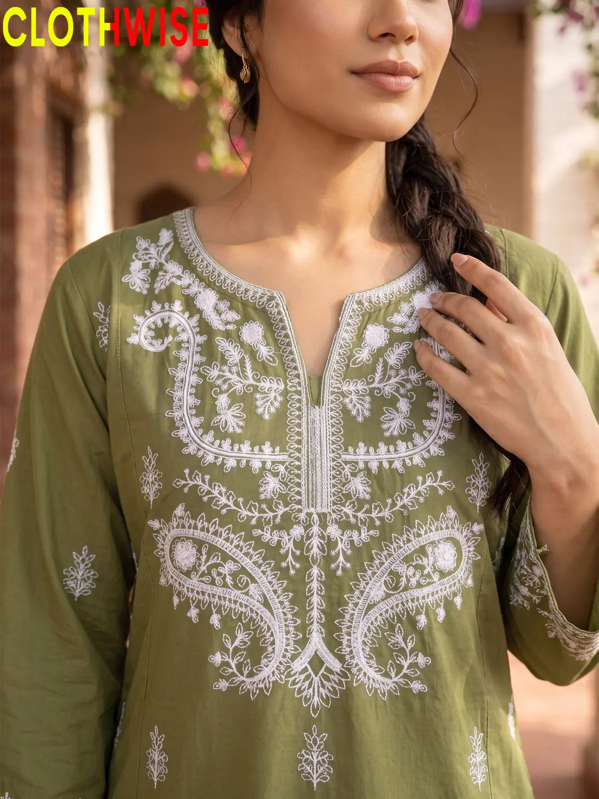 Mushq Sage Green cotton suit embroidery closeup