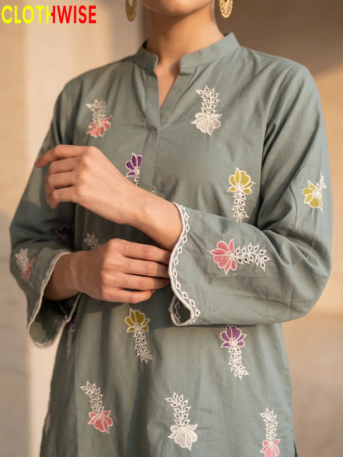 Khushi embroidered cotton suit in Sage Green - embroidery closeup