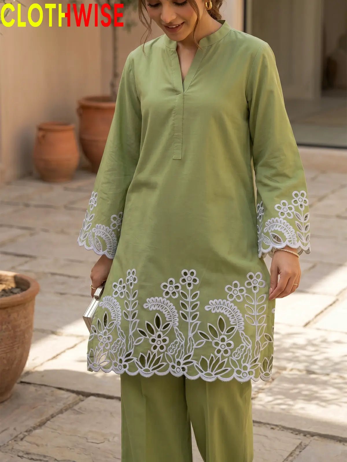 Flora Reign Sage Green - 2 Pc Embroidered Cotton Co-ord Suit - Pakistani Women Pret | CLOTHWISE