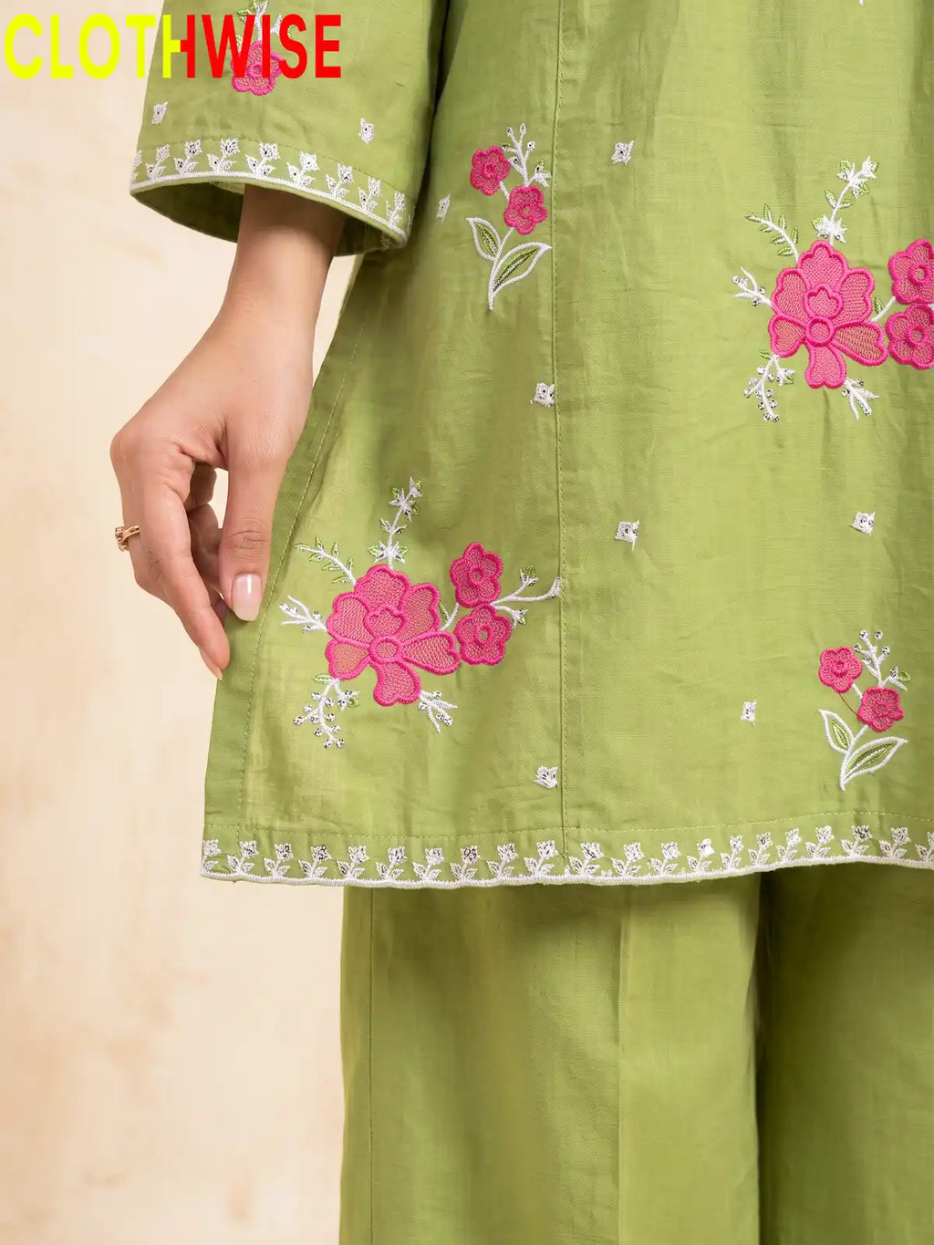 Marias Sage Green embroidered co-ord set - daman closeup - CLOTHWISE
