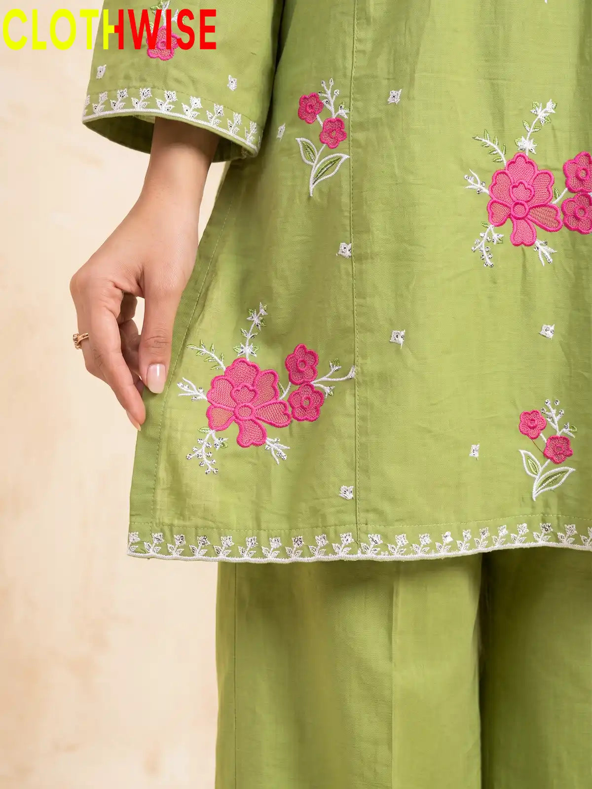 Marias Sage Green embroidered co-ord set - daman closeup - CLOTHWISE