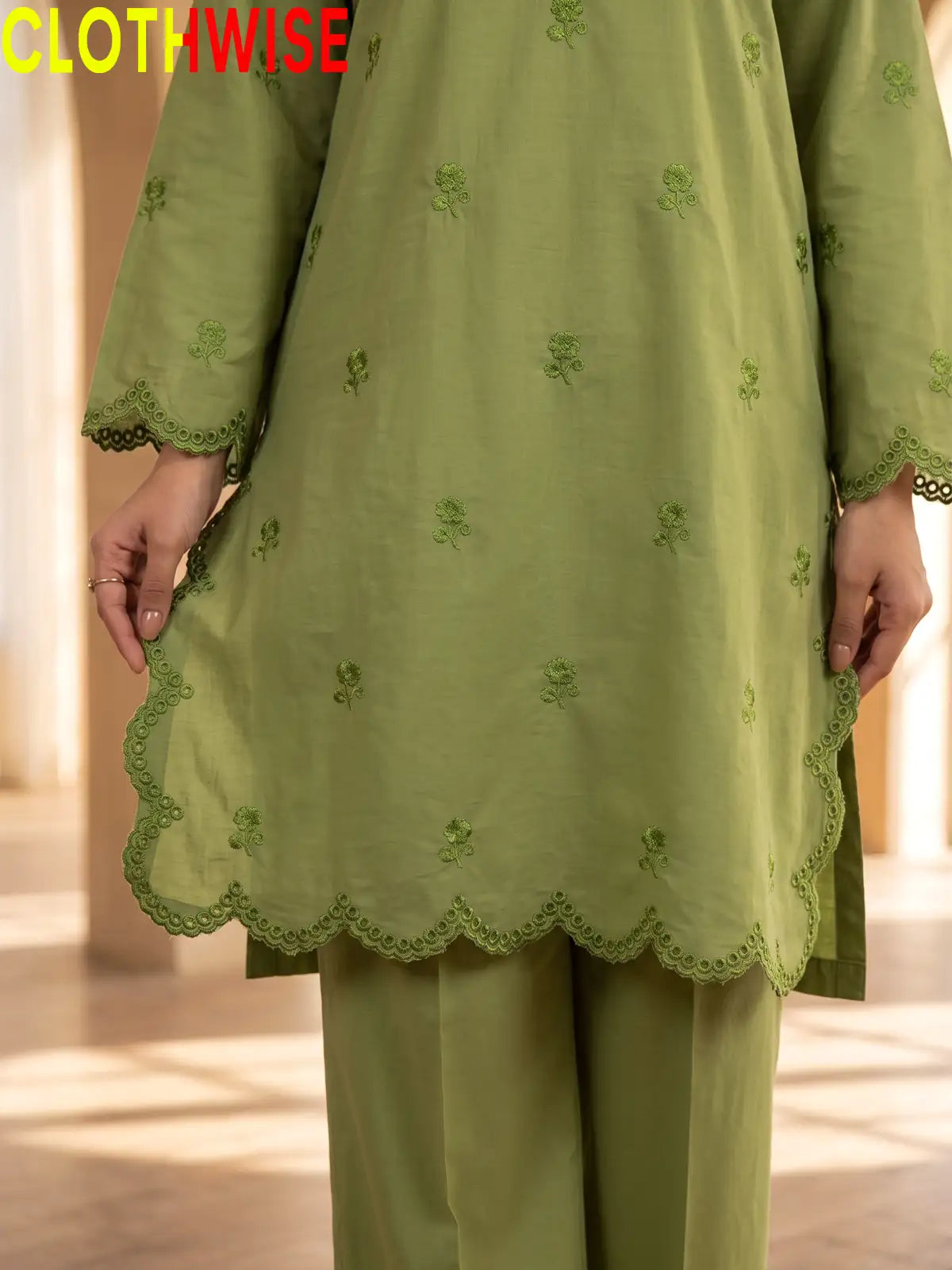 Mehr Sage Green embroidered 2-piece cotton suit - daman closeup