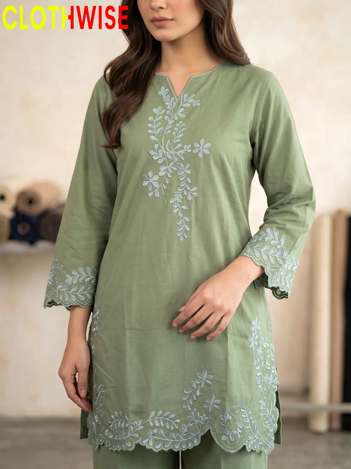 Gulkari chikankari embroidered cotton co-ord set in Sage Green - close-up shirt detail
