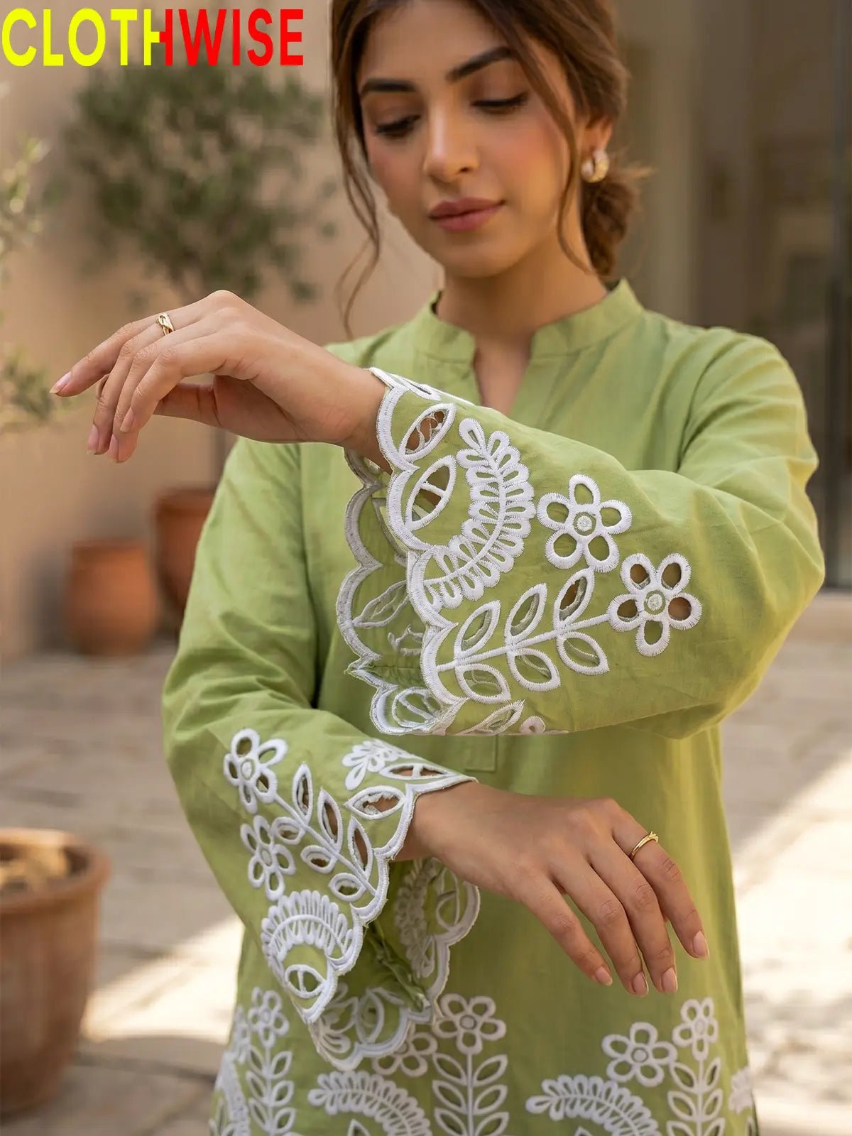 Flora Reign Sage Green - 2 Pc Embroidered Cotton Co-ord Suit - Pakistani Women Pret | CLOTHWISE