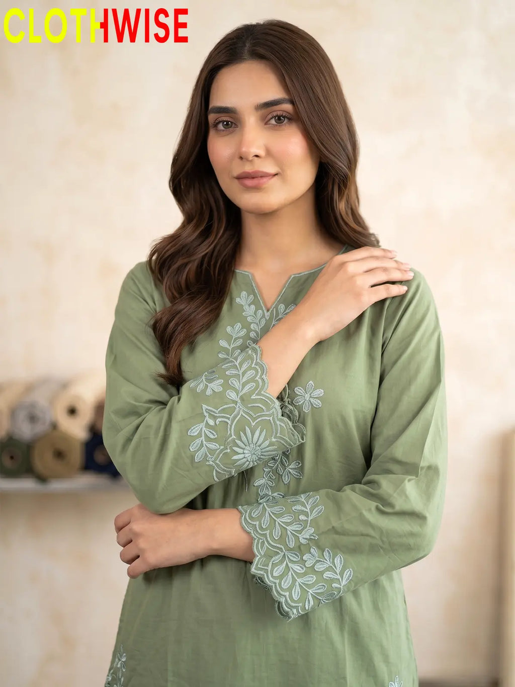 Gulkari chikankari embroidered cotton co-ord set in Sage Green - close-up sleeves embroidery detail